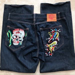 Ed Hardy Skull & Dragon Embroidered Blue Jeans 42